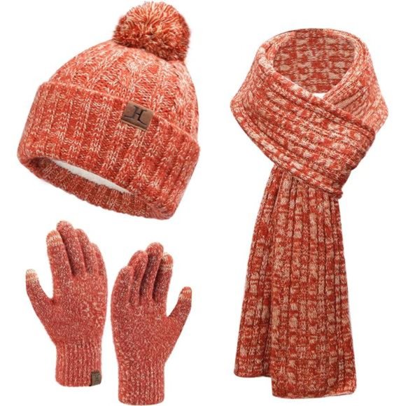 Women's Winter Beanie Hat Touchscreen Gloves Long Scarf Set, Orange